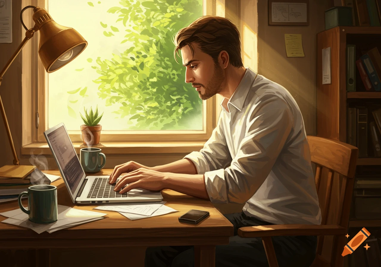 An illustrated man with a beard typing on a laptop at a sunlit desk by a window, with a lamp and coffee mugs.