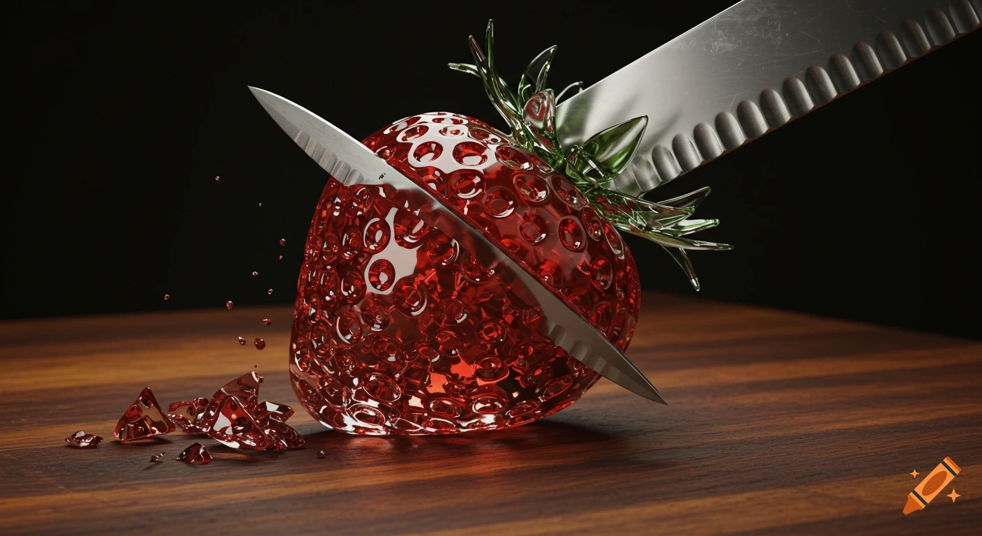 A translucent glass strawberry being sliced by a knife on a dark wooden cutting board, with glass shards and droplets scattering.