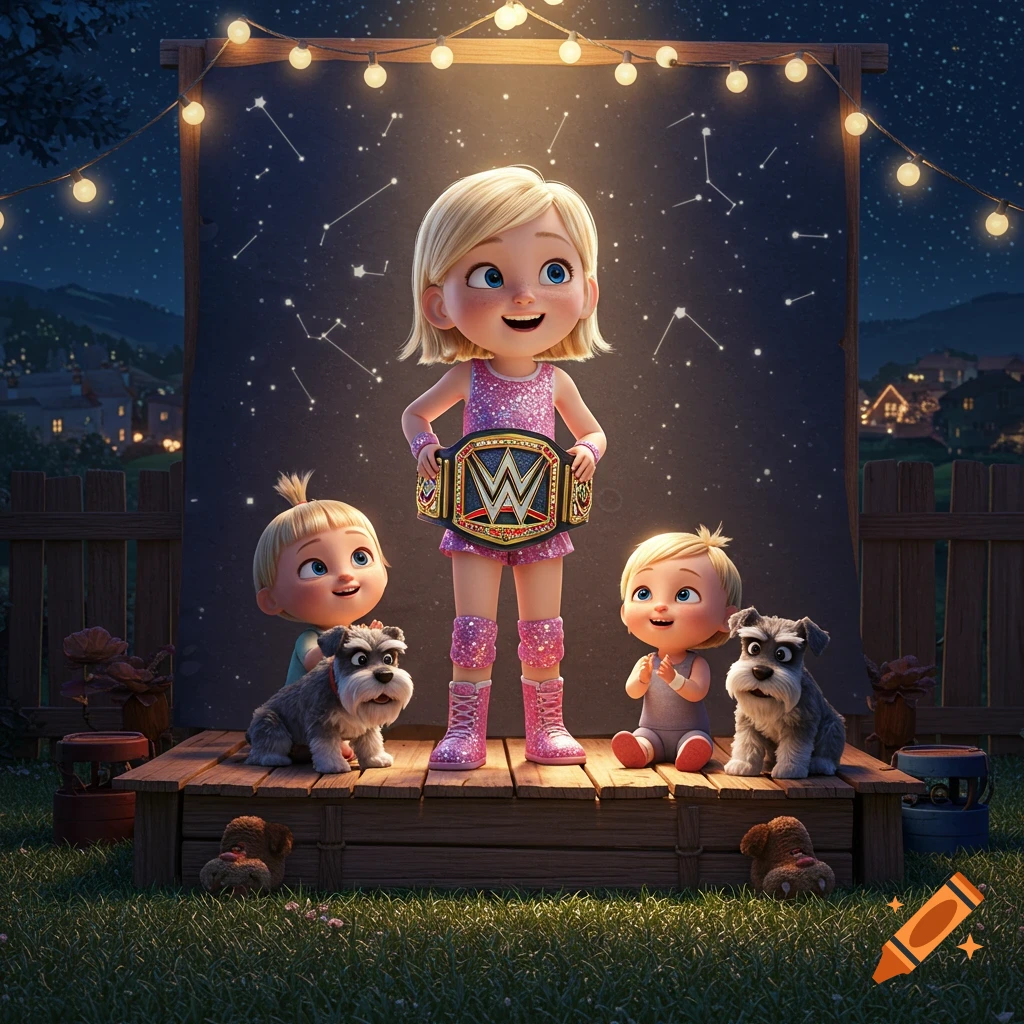 Pixar-style girl in wrestling outfit with championship belt, two toddlers, and two schnauzers on a stage under a starry night sky.