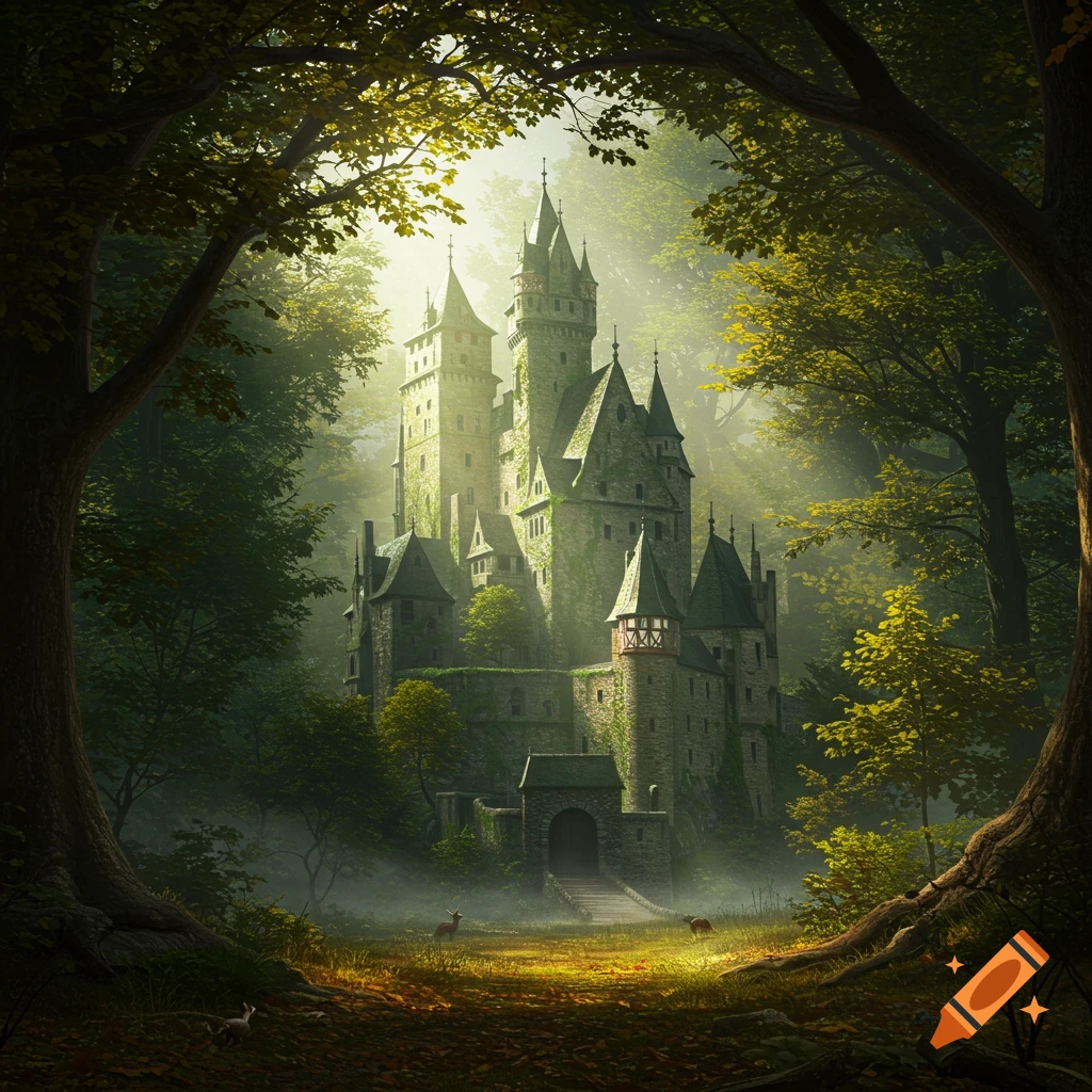 A majestic, overgrown castle with multiple spires is nestled