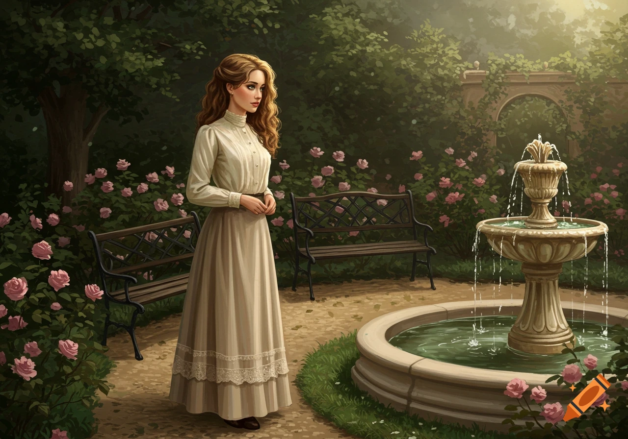 A slender woman with long wavy brown hair, dressed in 1900s style, stands in a lush garden with pink roses, benches, and a fountain.
