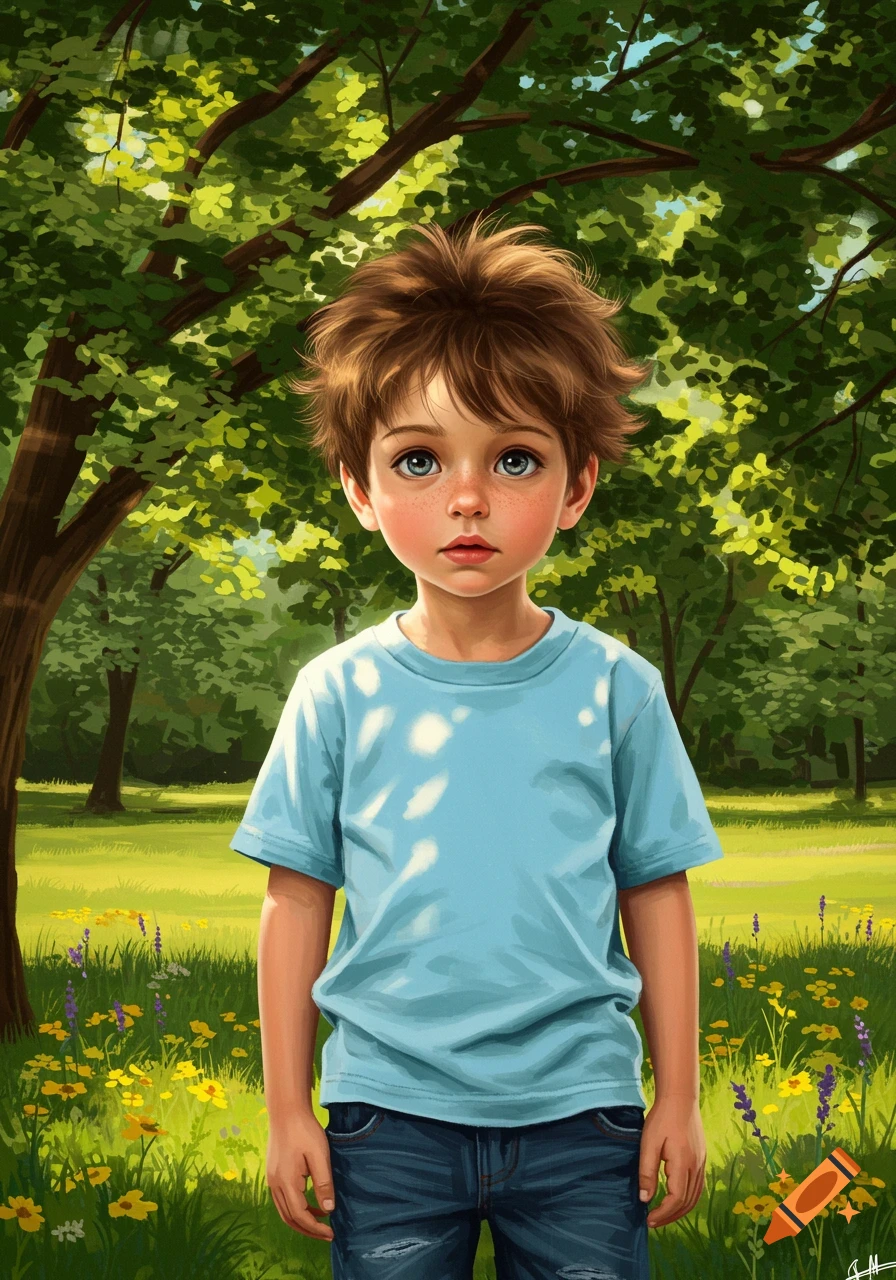 A close-up illustration of a young boy with big eyes and freckles standing in a sunny park.