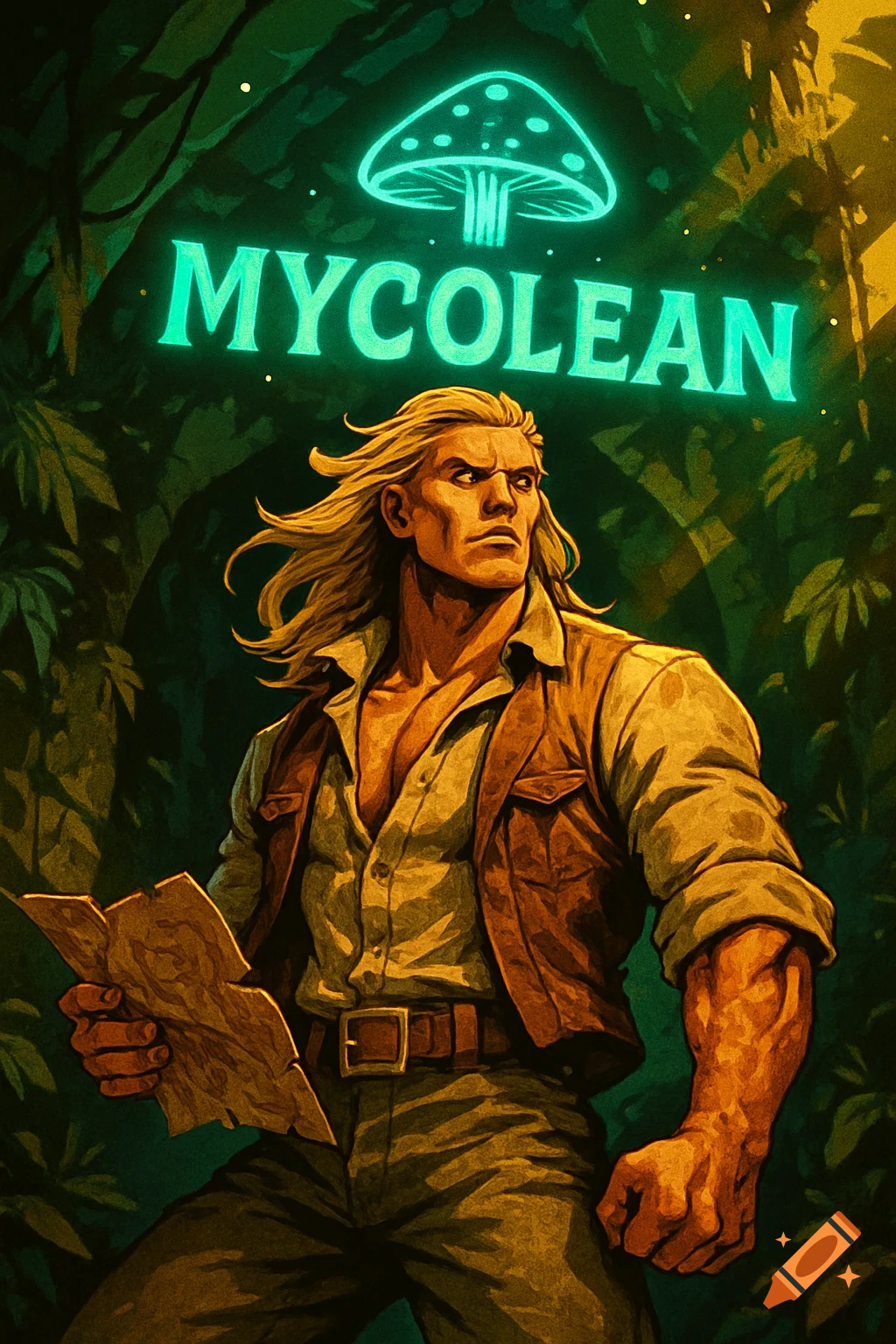 A muscular, long-haired man in treasure hunter attire in a jungle, looking intense, with a glowing mushroom logo and 'MYCOLEAN' text overhead in a comic art style.