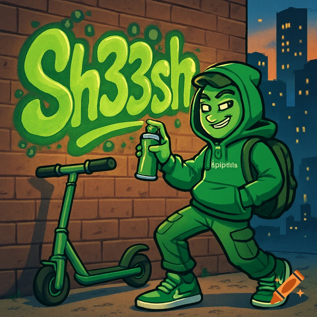 Cartoon character in a green hoodie and cargo pants sprays 'Sh33sh' graffiti on a brick wall at dusk, with a green scooter beside him.