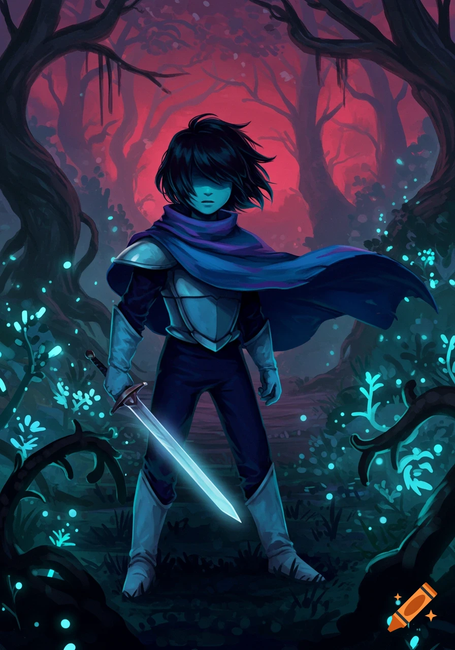 A dark-haired character in armor and a blue cape holds a glowing sword in a magical forest with blue plants under a reddish sky.