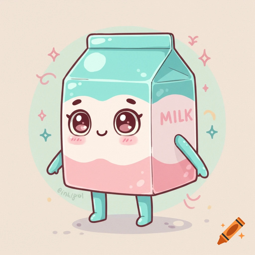 A cute cartoon milk carton character with large expressive eyes, a small smile, and tiny arms and legs, rendered in teal and pink.