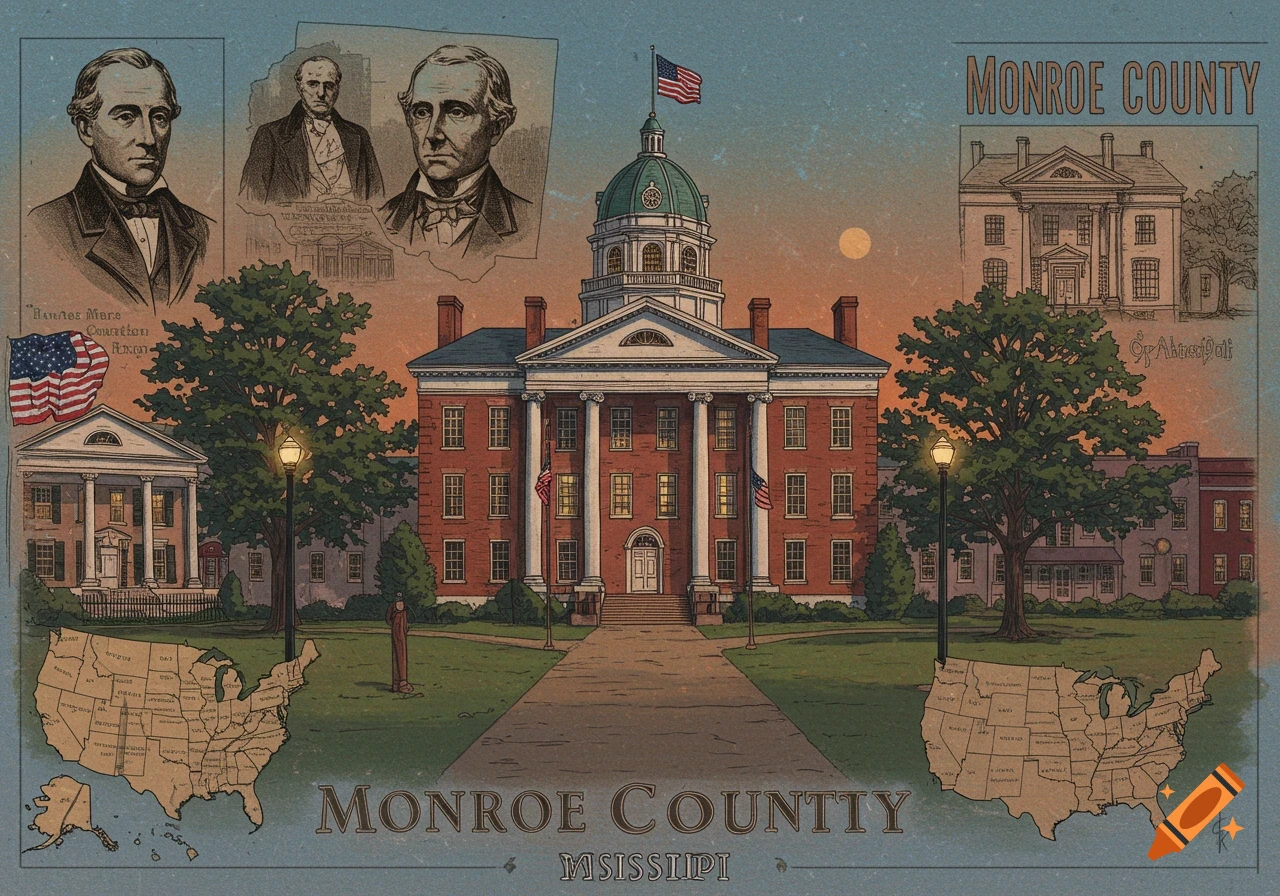 An illustrated vintage-style poster depicting the Monroe County Courthouse, portraits of historical figures, and maps of the USA and Mississippi.