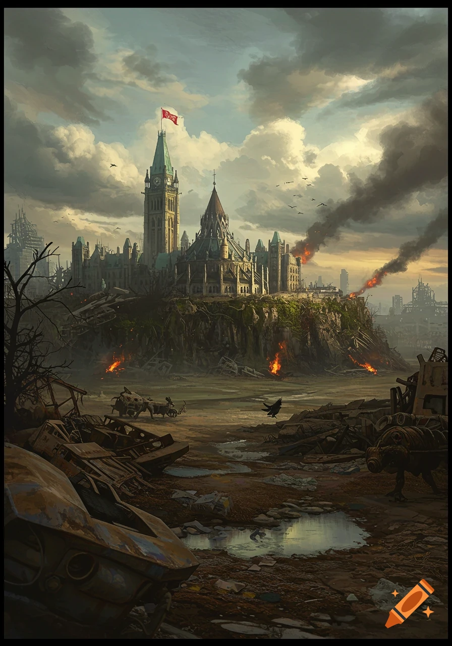 Digital painting of Canada's Parliament building as a gothic ruin in a post-apocalyptic landscape, with debris and fires.