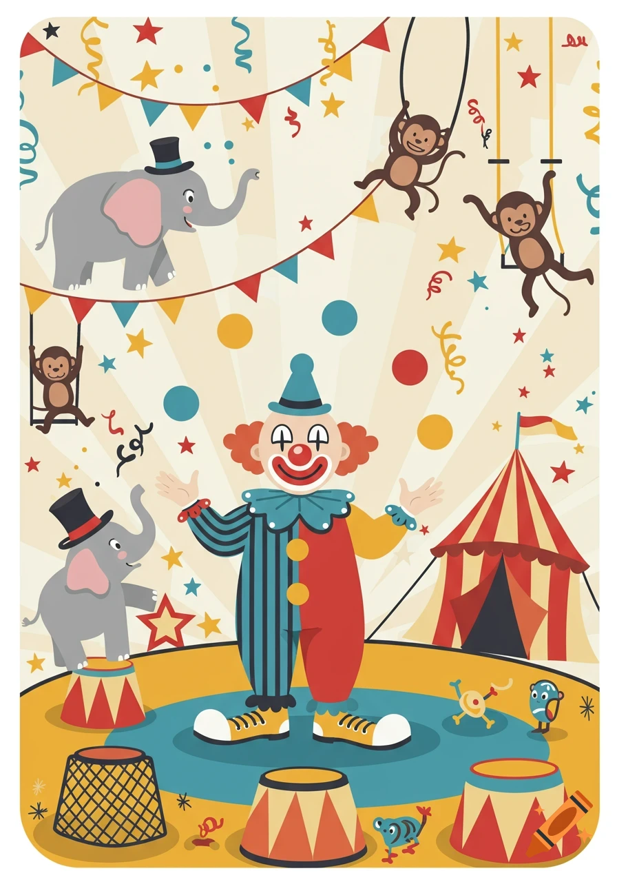 A colorful clip art illustration of a circus scene with a clown, elephants in top hats on pedestals, and monkeys swinging on trapezes, with a big top tent in the background. Confetti and stars are scattered around.