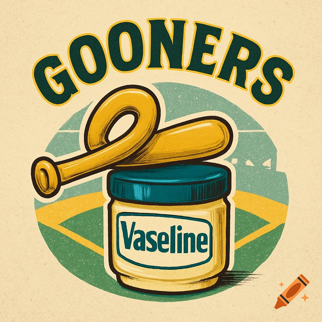 A vintage-style softball logo with the text "GOONERS" above a curled baseball bat and a tub of Vaseline, set against a baseball field.