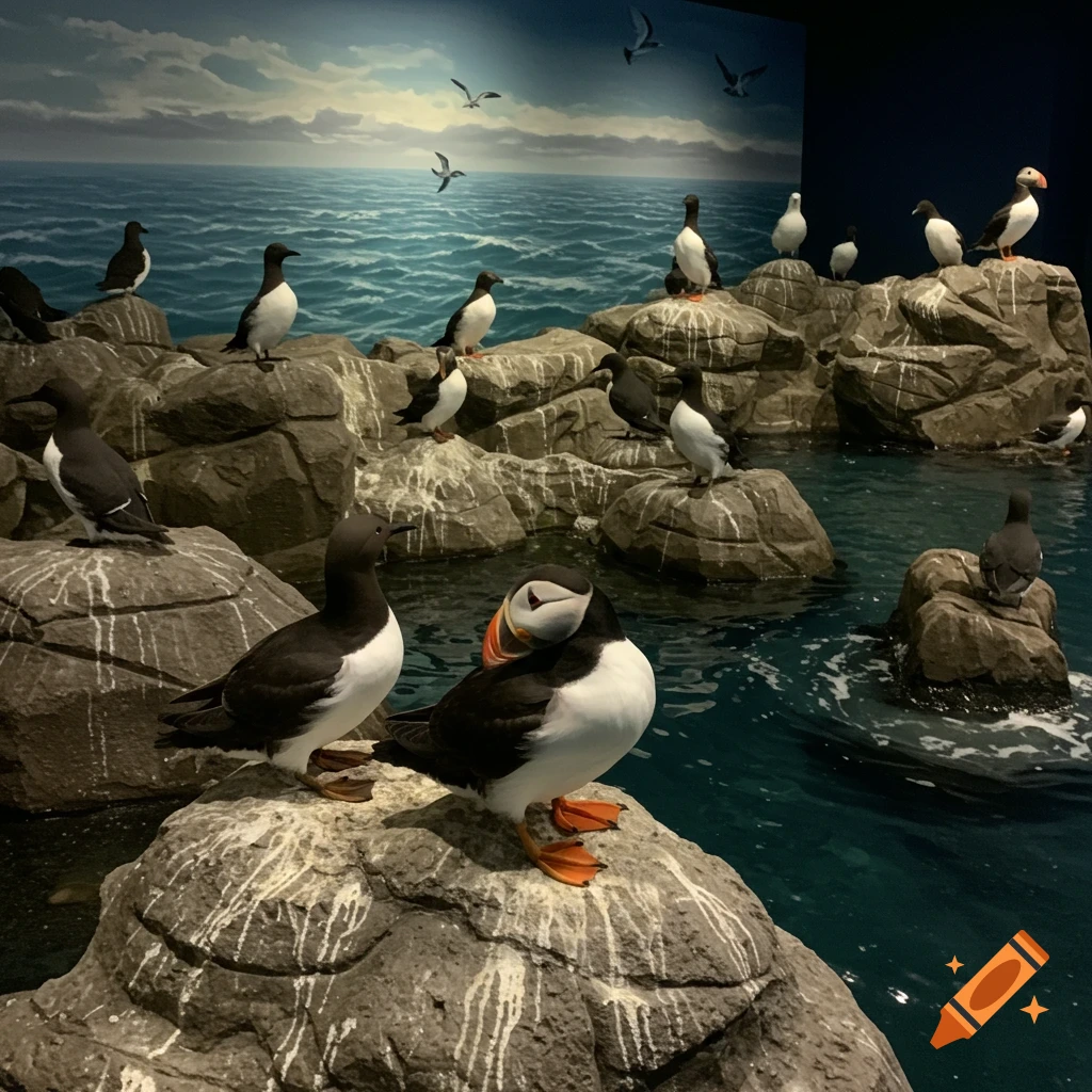 Photorealistic image of puffins and other seabirds on rocky outcrops in a museum or aquarium exhibit with painted ocean backdrop.