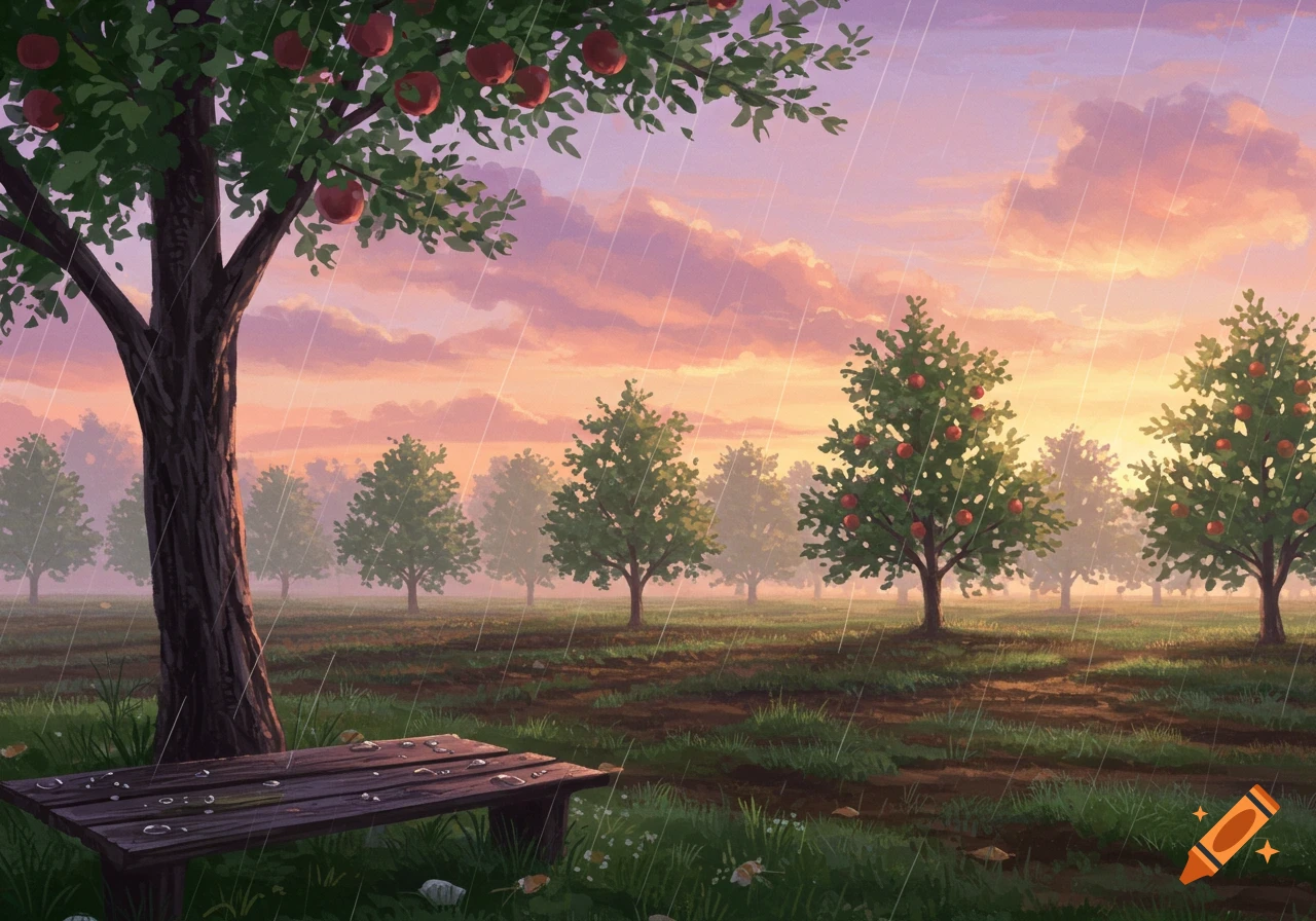 Painterly image of an apple orchard in light morning rain with a wooden bench, under a colorful sunrise sky.