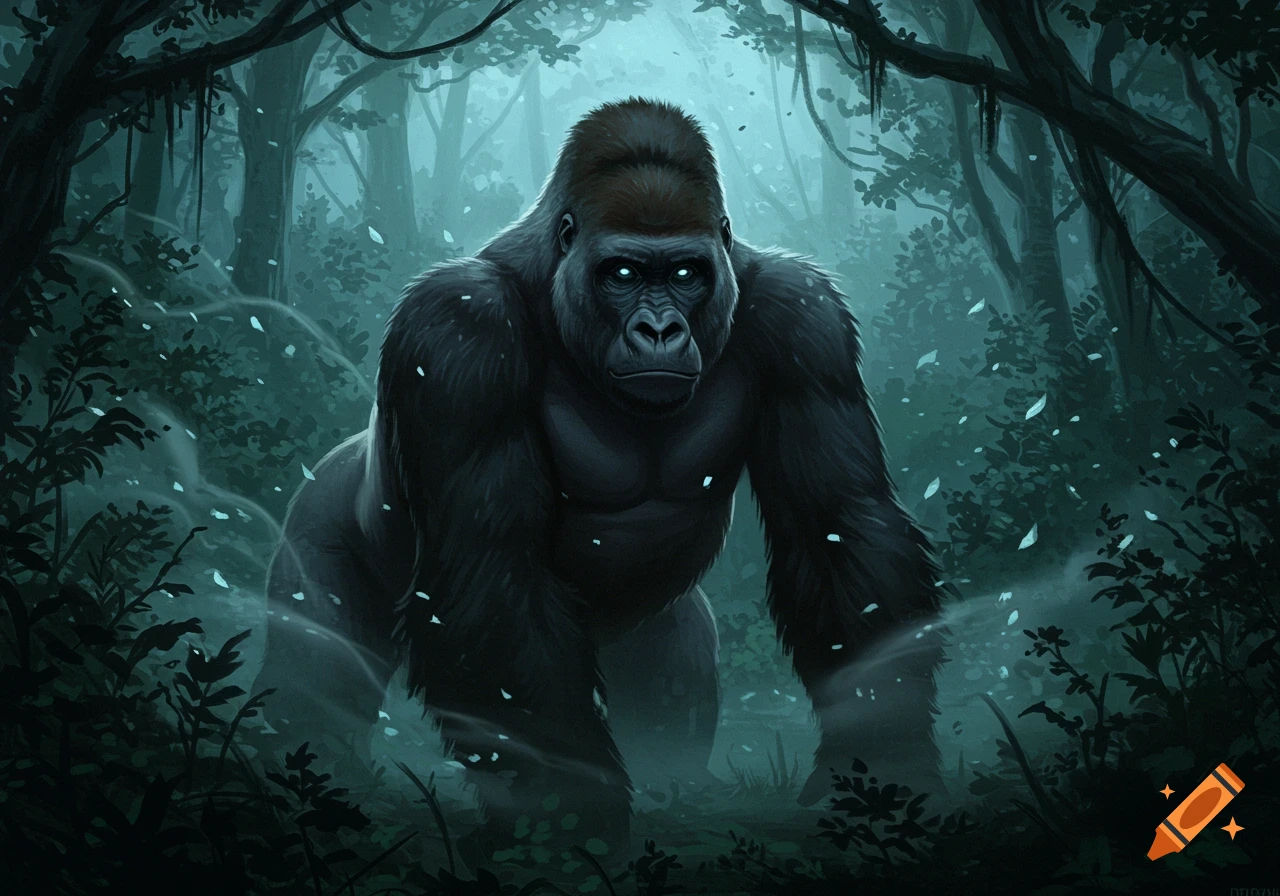 A powerful gorilla with glowing eyes stands in a dark, misty forest, digital painting.