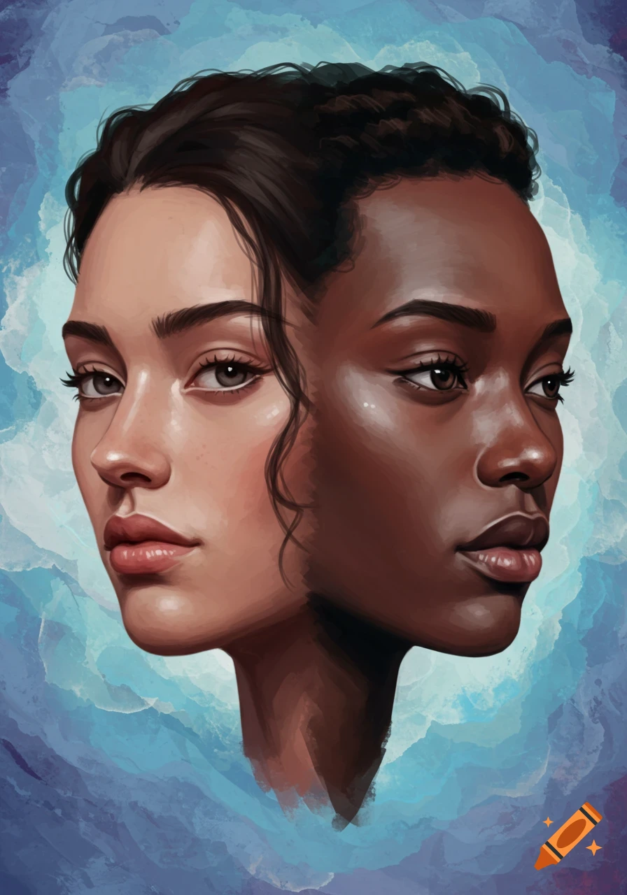 Digital painting of two women's faces, one light-skinned and one dark-skinned, merged into a single head against a blue watercolor background.