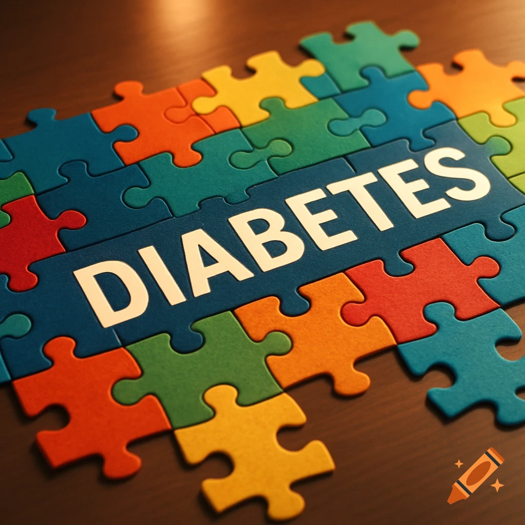 A colorful jigsaw puzzle on a dark wooden table. The word DIABETES is spelled out on the central blue pieces.