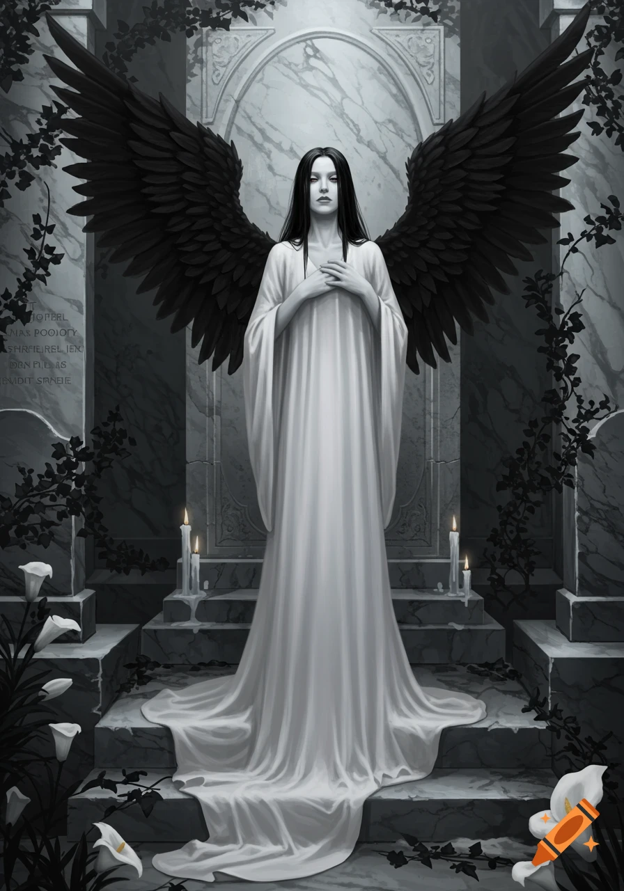 A pale angelic figure with black wings and long black hair in a white gown stands in a gothic mausoleum with candles and white lilies.