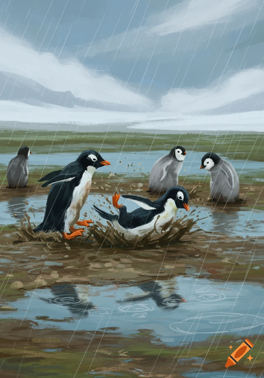 Illustrated scene of several penguins playing in the mud and rain, with one penguin splashing into a puddle.