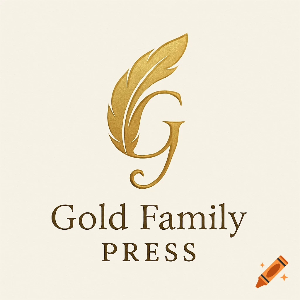 A golden quill pen forms a letter G, above the words "Gold Family PRESS" in a classic serif font, all on a light beige background.