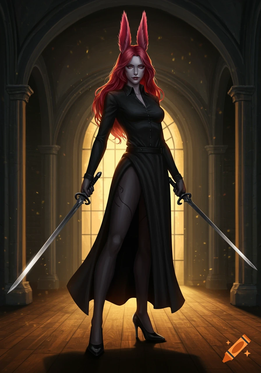 A fantasy female Viera character with long red hair and pink rabbit-like ears stands in a dark hall, holding two swords. She wears a long black dress with a high slit and black high heels.