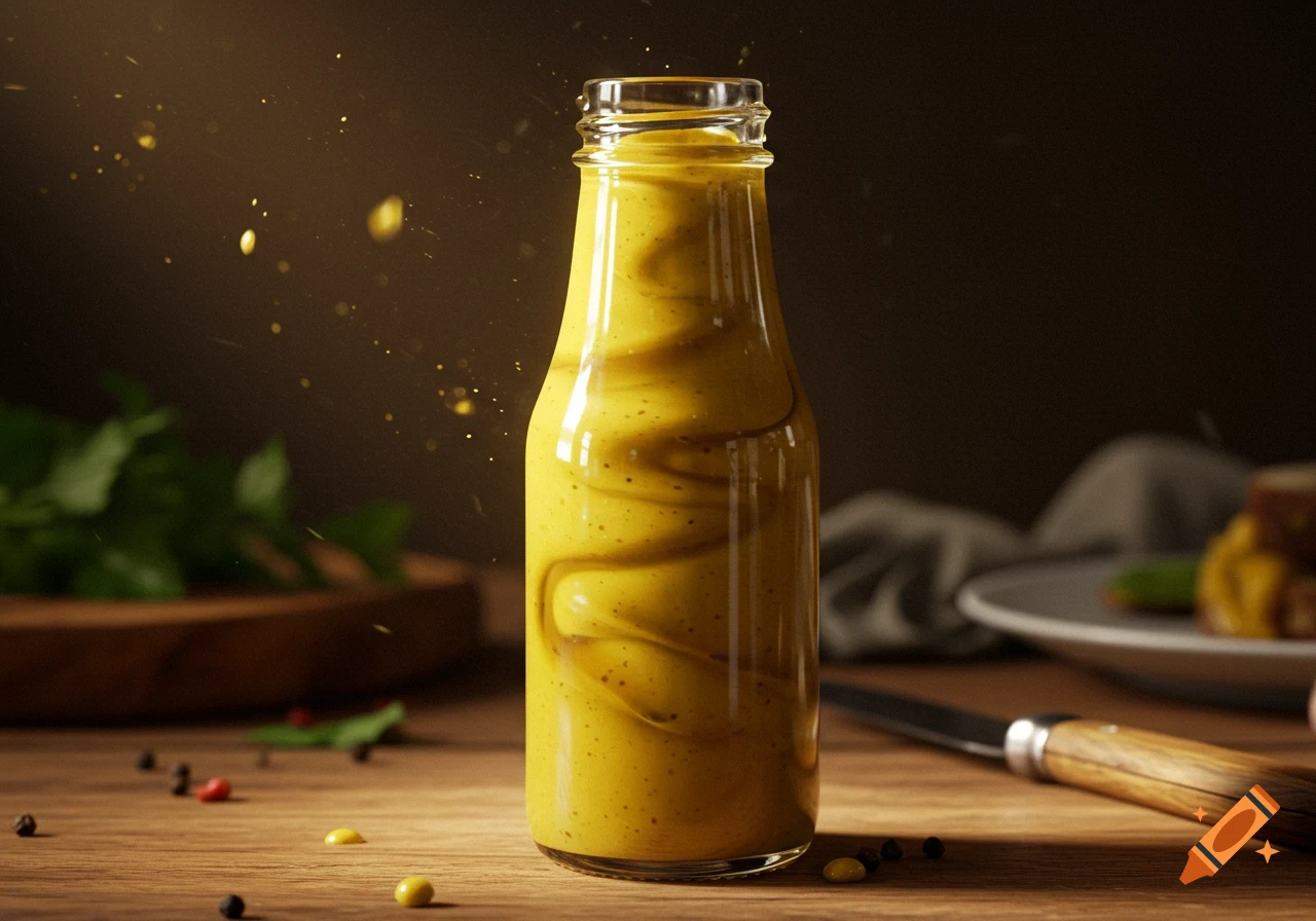 A photorealistic image of a glass bottle filled with yellow mustard, sitting on a wooden table with splatters above.
