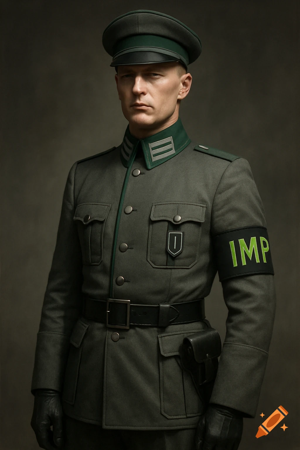 Photorealistic portrait of a man in a dark green military uniform with a cap and an armband that says IMP.