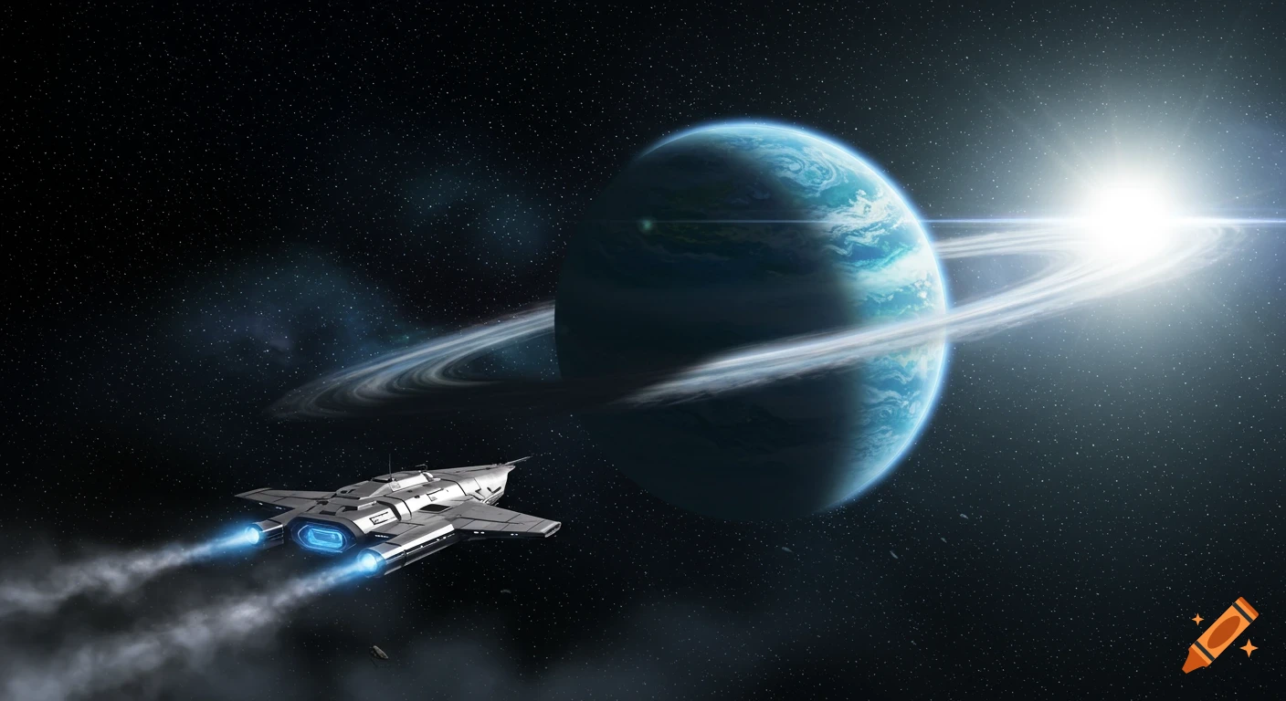 A white spaceship with blue glowing engines flies past a large, ringed blue planet under a bright star in a dark, star-filled galaxy.