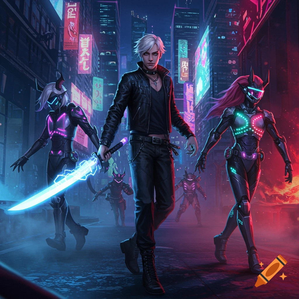 A male figure with white hair and a glowing sword leads two armored figures through a neon-lit cyberpunk city at night.