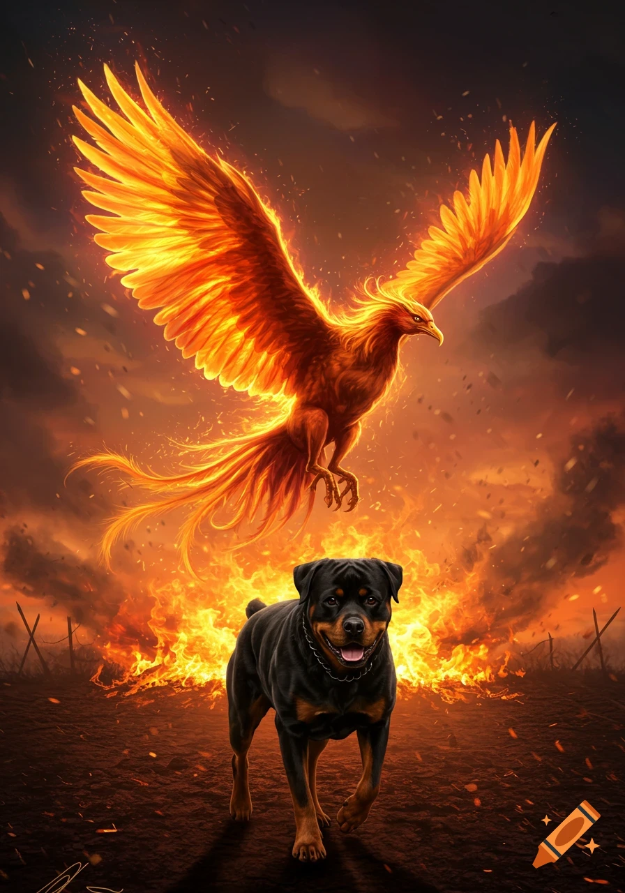 A vibrant orange phoenix hovers above a black Rottweiler walking forward amidst a fiery, smoky landscape.