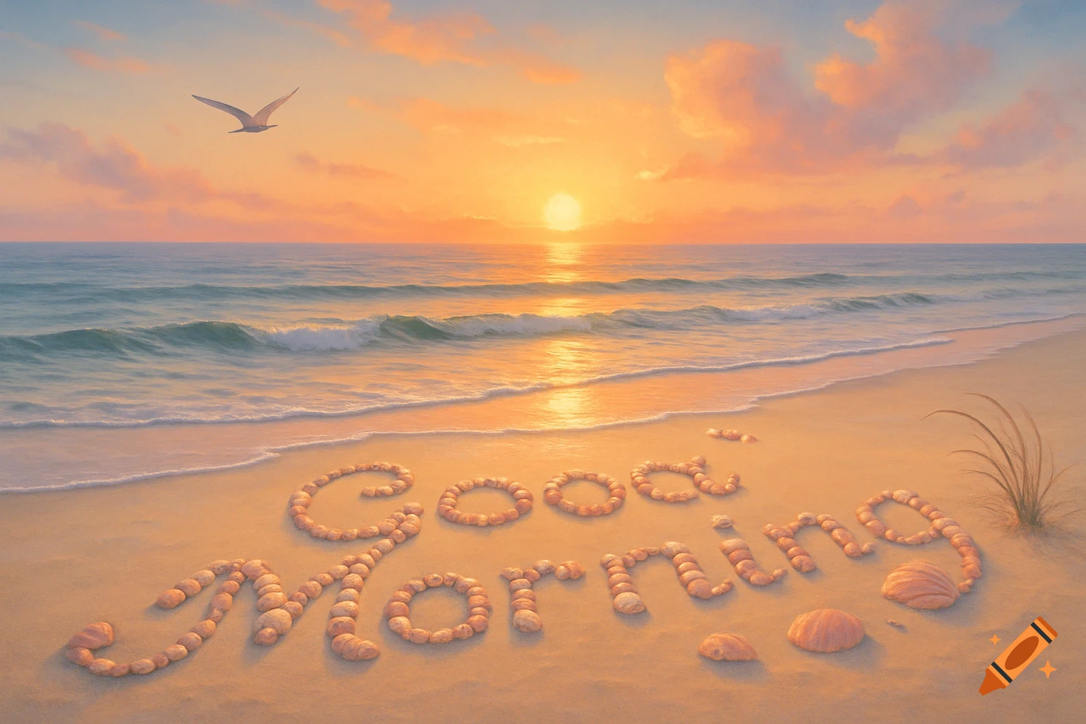 Sunrise over a beach with waves. 'Good Morning' spelled in seashells on the sand. A bird flies overhead.