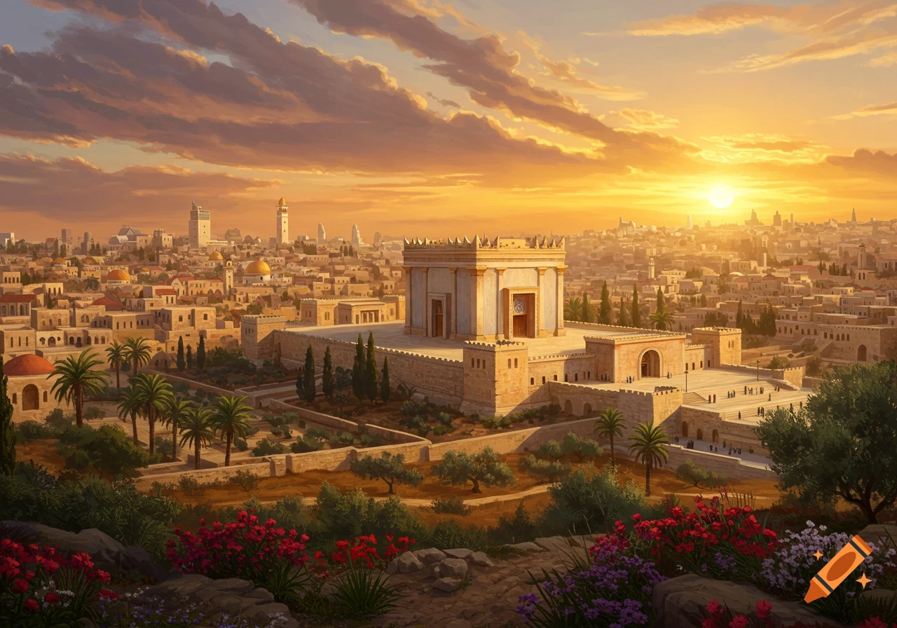 A grand ancient temple and city are bathed in the warm light of a sunset, surrounded by palm trees and vibrant flowers.