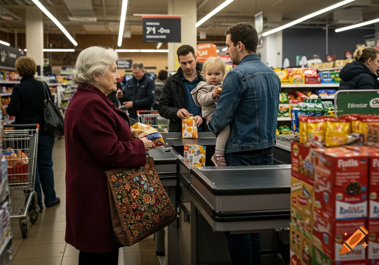 A photorealistic image showing an older woman, a man holding a baby, and another man at a supermarket checkout line.