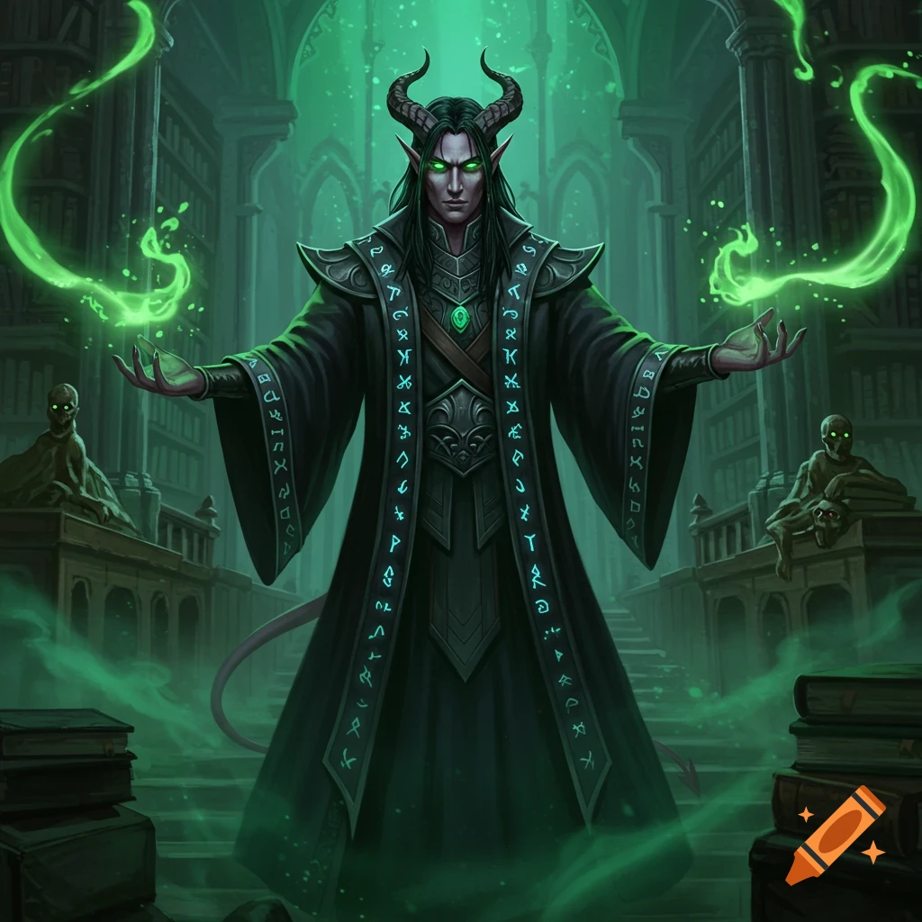 A male tiefling warlock with glowing green eyes and horns, wearing a dark robe, stands in a magical green-lit library.