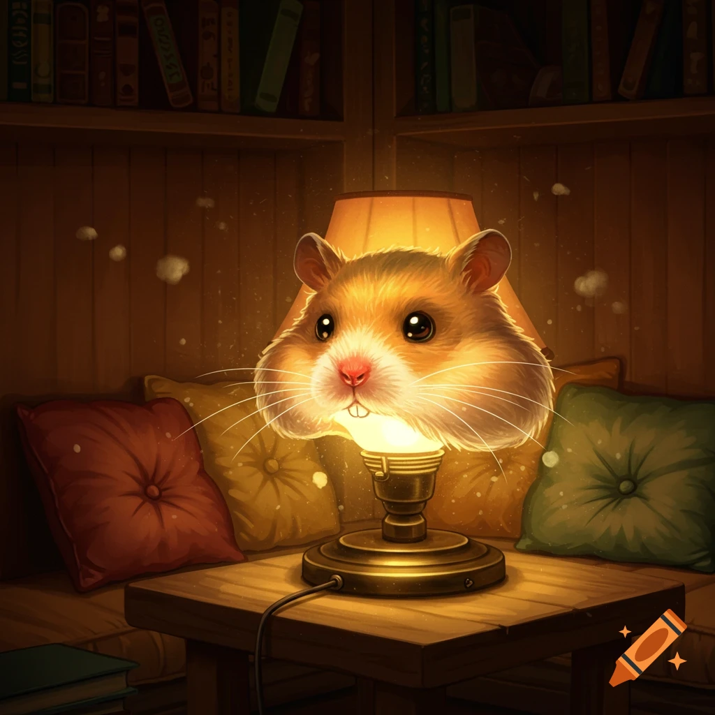 A fluffy hamster head glows as the bulb of a brass table lamp in a cozy, dim room with books and pillows.