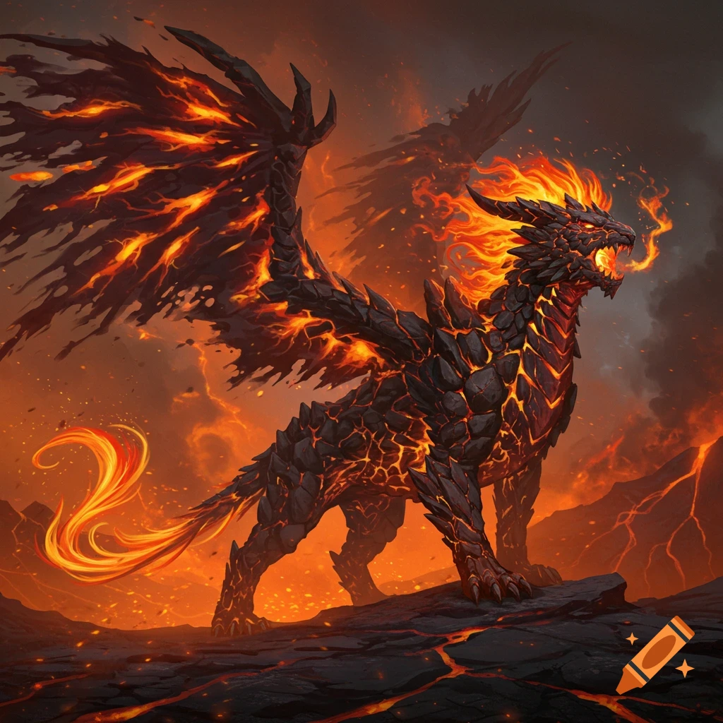 A majestic fire-elemental dragon with dark, glowing volcanic scales, fiery mane, and smoldering wings stands on volcanic ground.