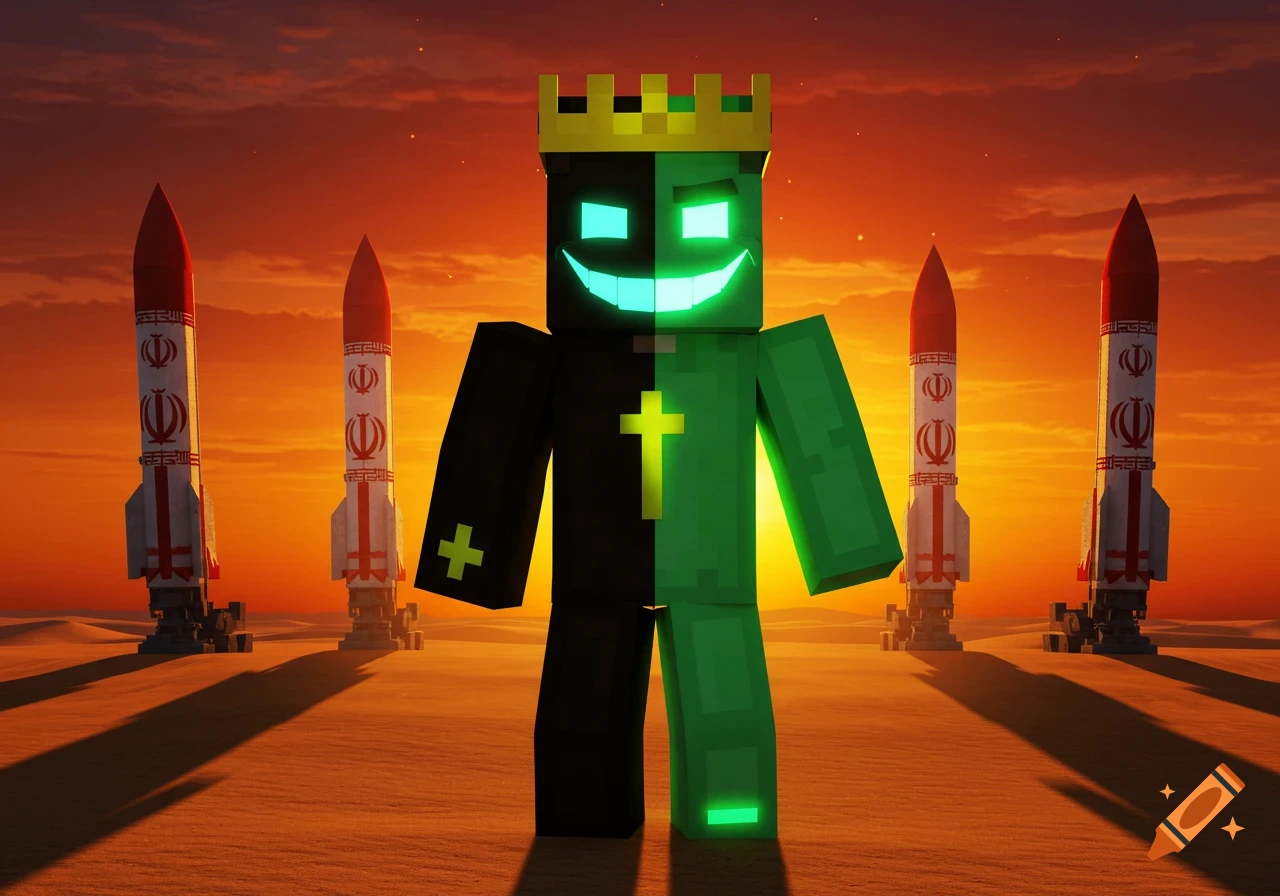 Minecraft-style character, half black and half glowing green, with a gold crown and cyan smile, stands in a desert with Iranian-style missiles at sunset.