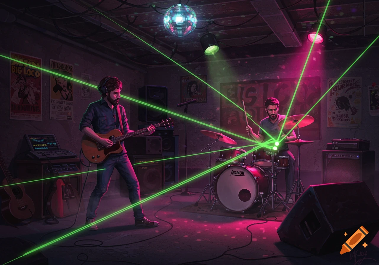 Two musicians, a guitarist and a drummer, perform a laser light show in a dimly lit basement.
