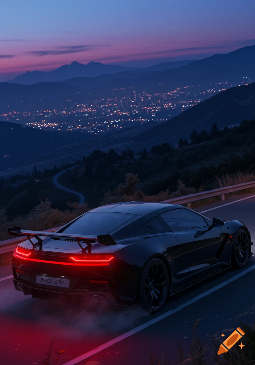 A black sports car with red tail lights drives on a winding mountain road at dusk, overlooking a city lit up in the valley.