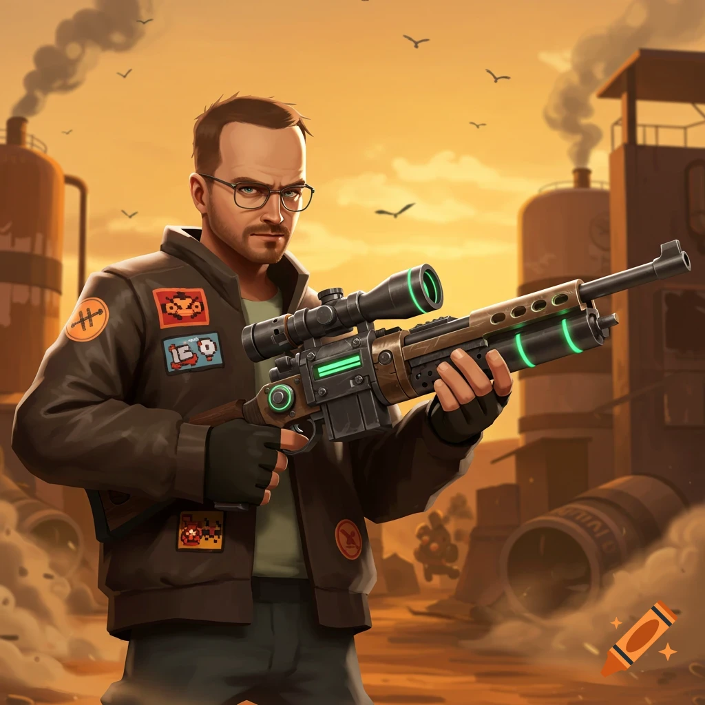 A stylized man in a brown jacket and glasses holds a futuristic rifle in an industrial, smoke-filled landscape at sunset.