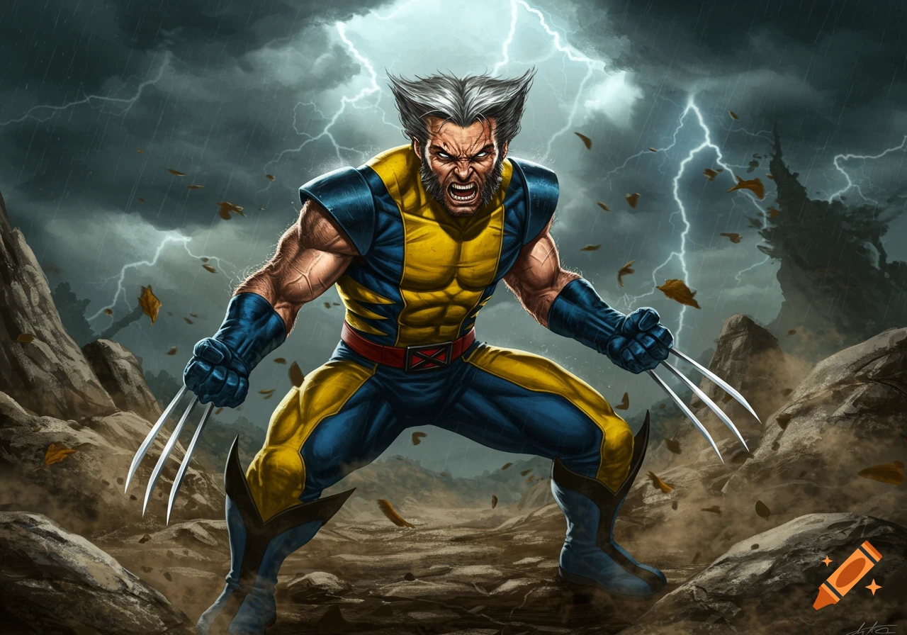 Wolverine, a muscular superhero with gray hair and claws, stands in a yellow and blue suit against a stormy, lightning-filled sky in a rocky landscape.