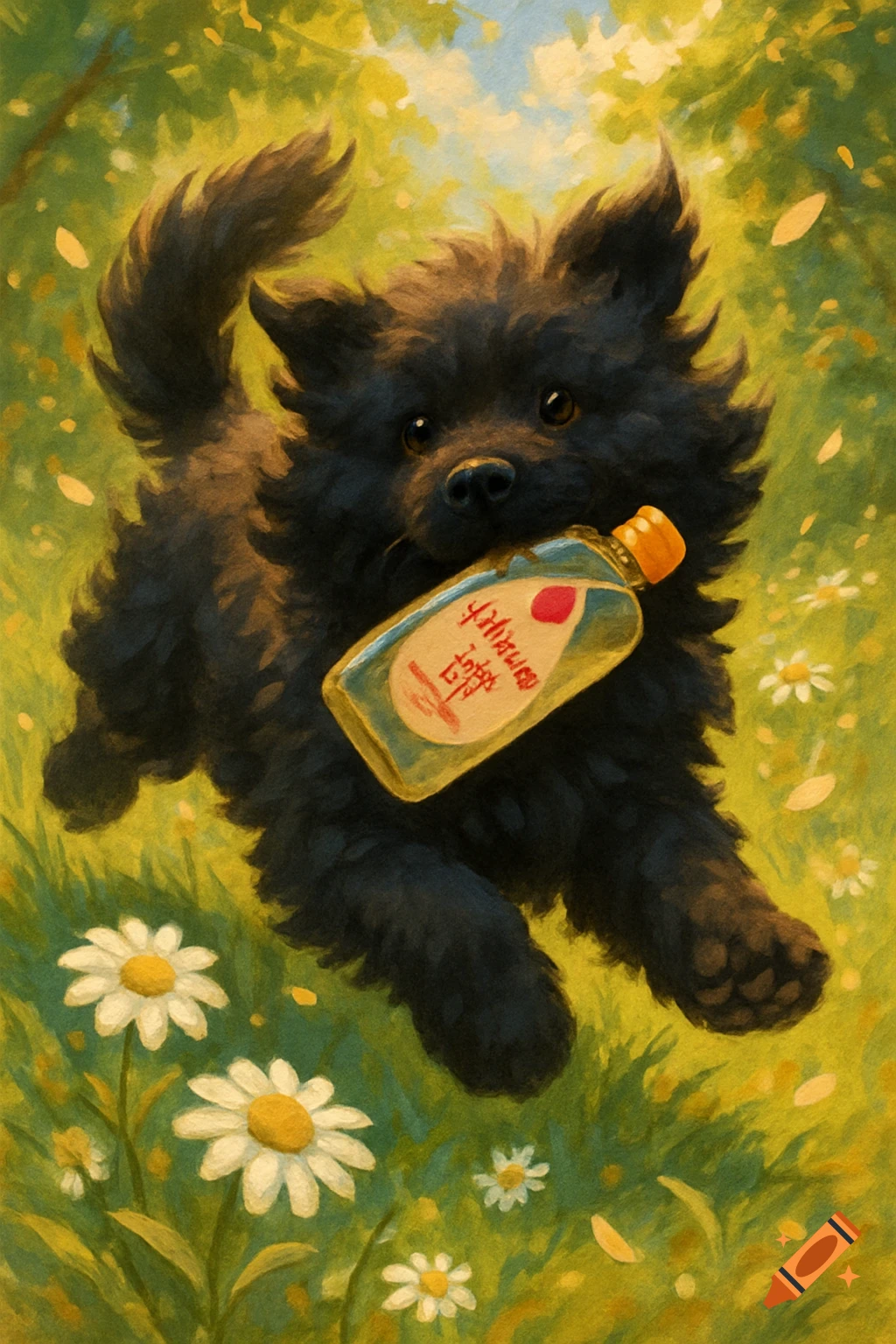 A fluffy black dog prances through a sunlit field of white daisies, carrying a glass bottle in its mouth, in a painterly style.