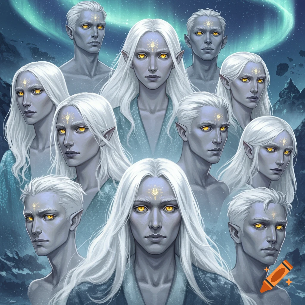 A group of pale-skinned humanoids with long white hair and glowing golden eyes, some with pointed ears, against an aurora borealis sky.