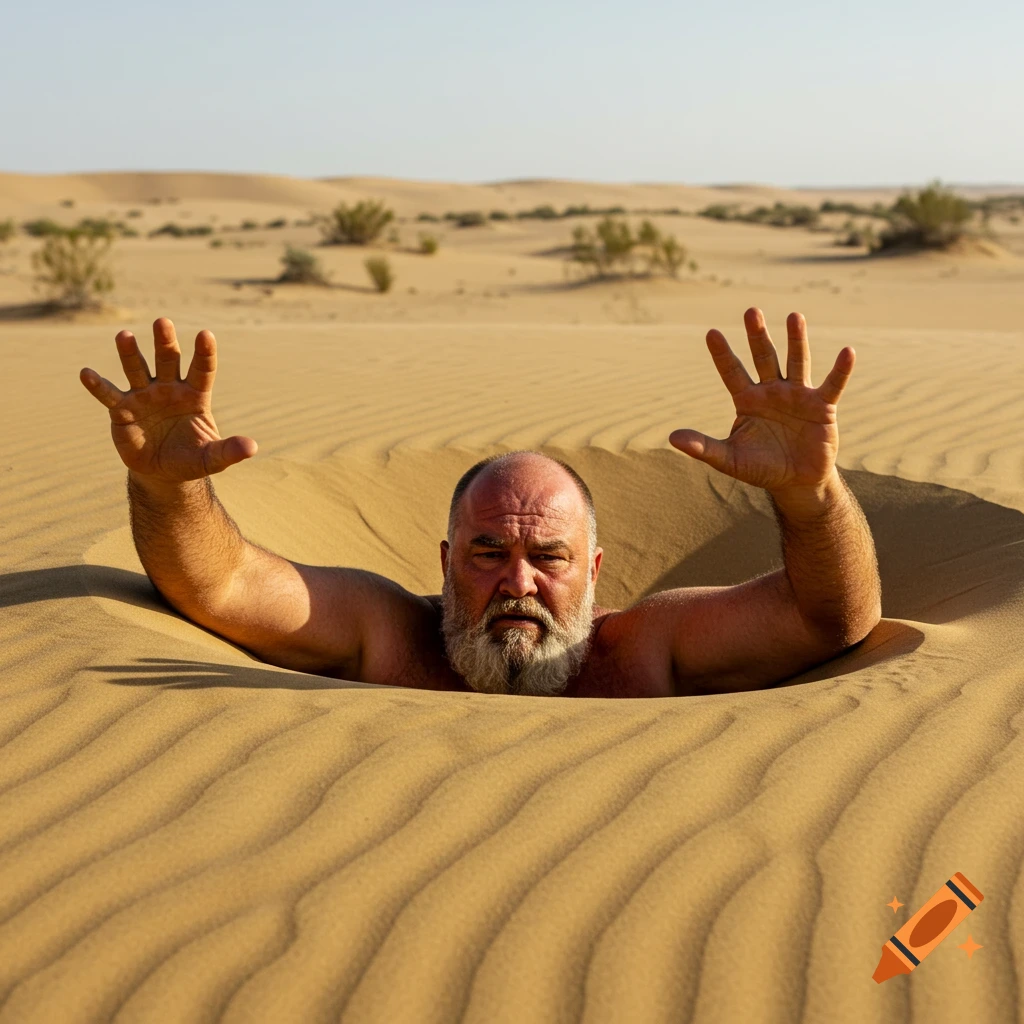 A balding man with a white beard is buried in a desert sand dune up to his chest, looking distressed with his hands raised.