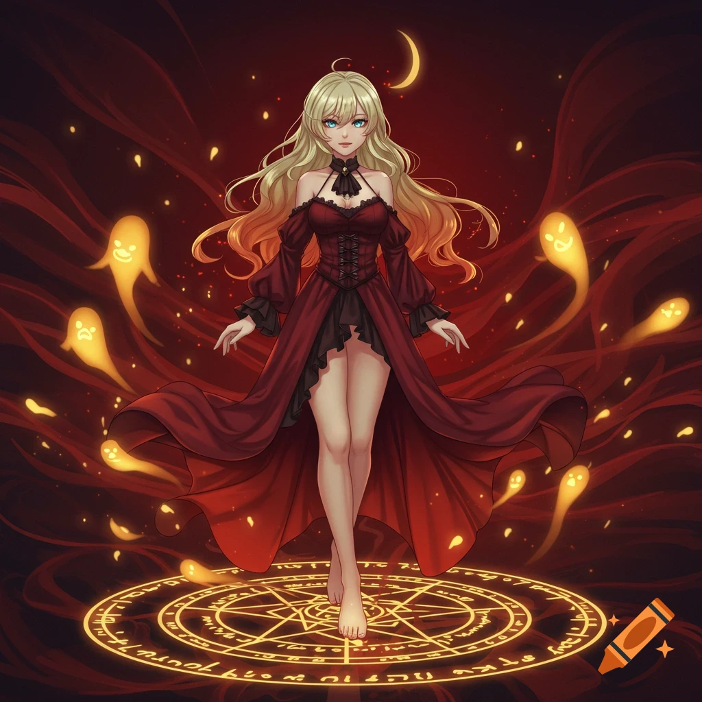 An anime girl with blonde hair in a flowing red dress stands barefoot on a glowing magic circle, surrounded by floating golden spirits and red smoke.