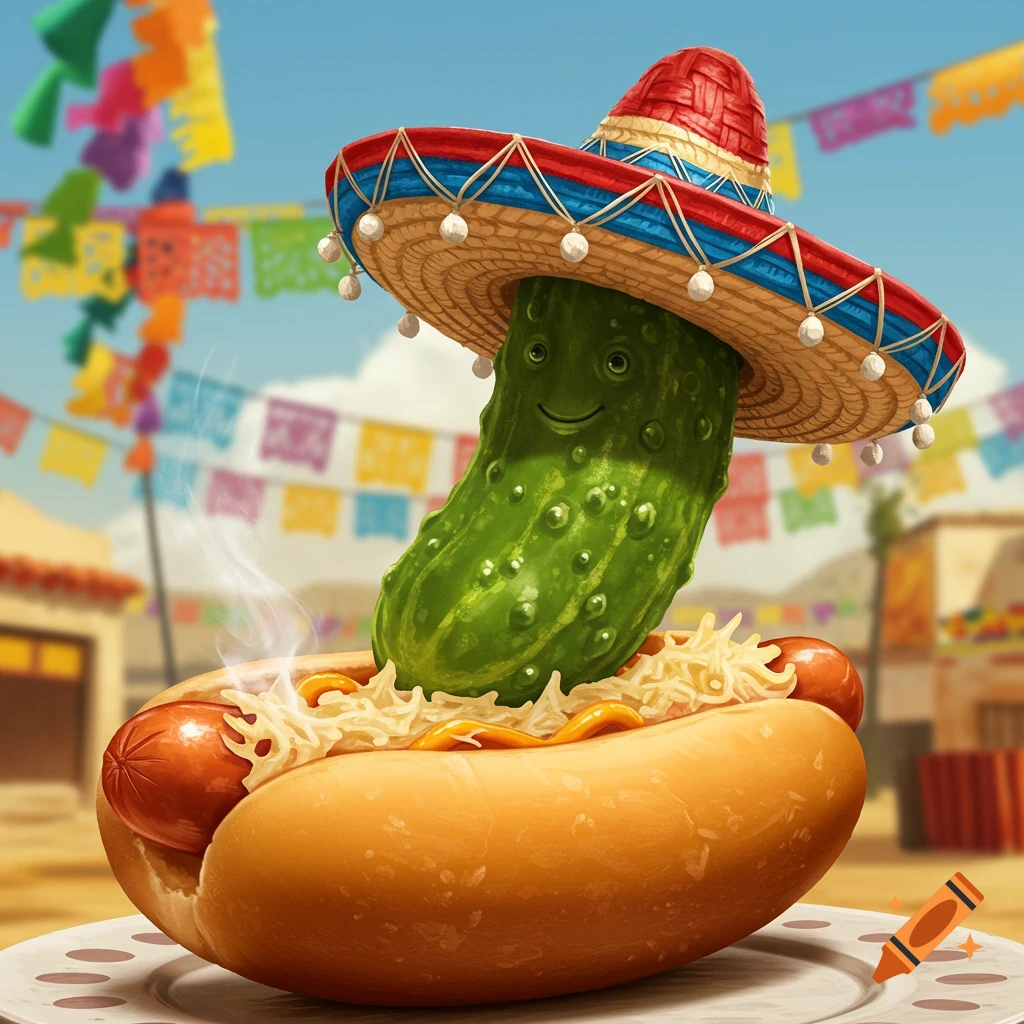 Cartoon pickle wearing a sombrero, riding a hotdog with sauerkraut in a festive outdoor setting.