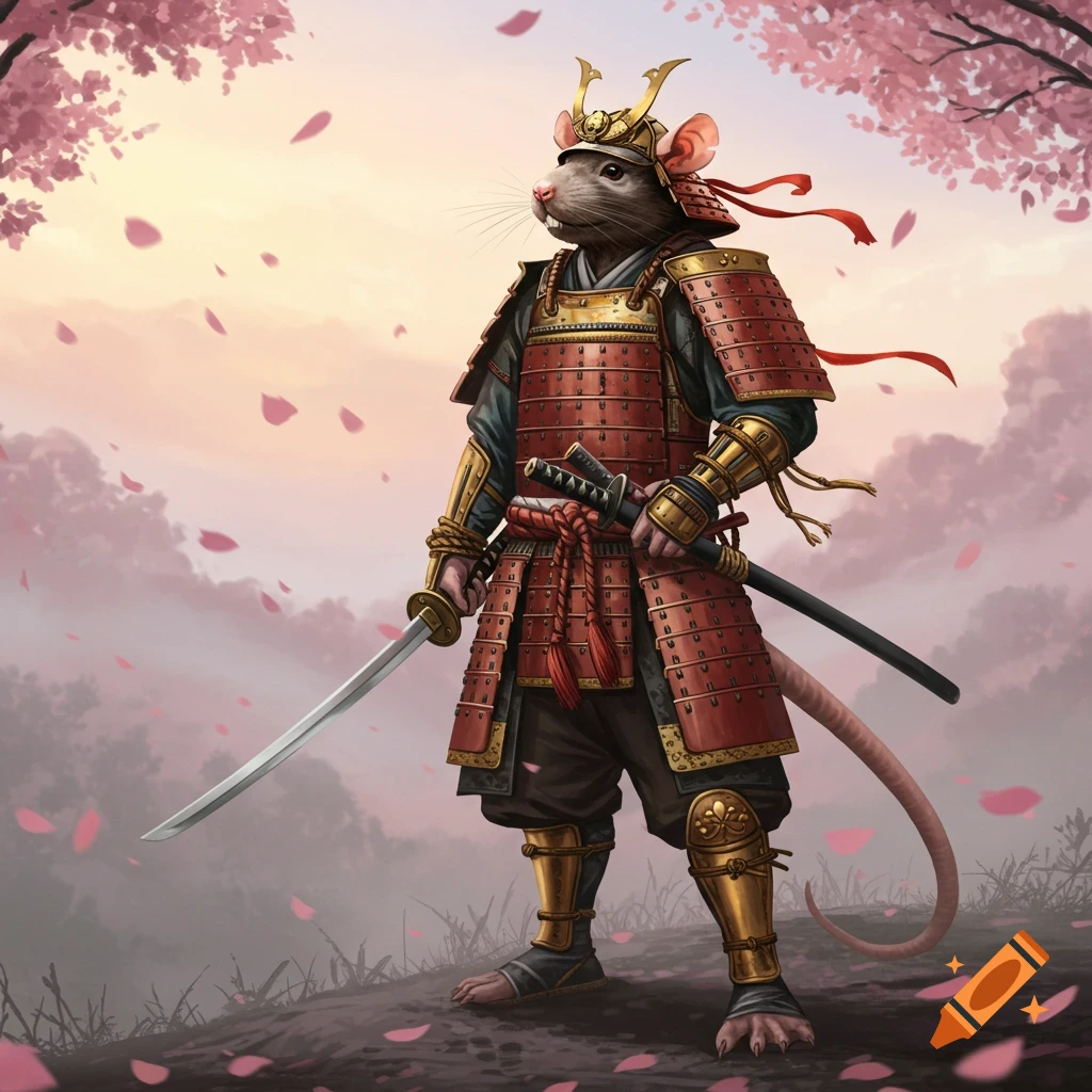 A rat samurai in red and gold armor holds a katana under a cherry blossom tree with falling petals, in a misty landscape.
