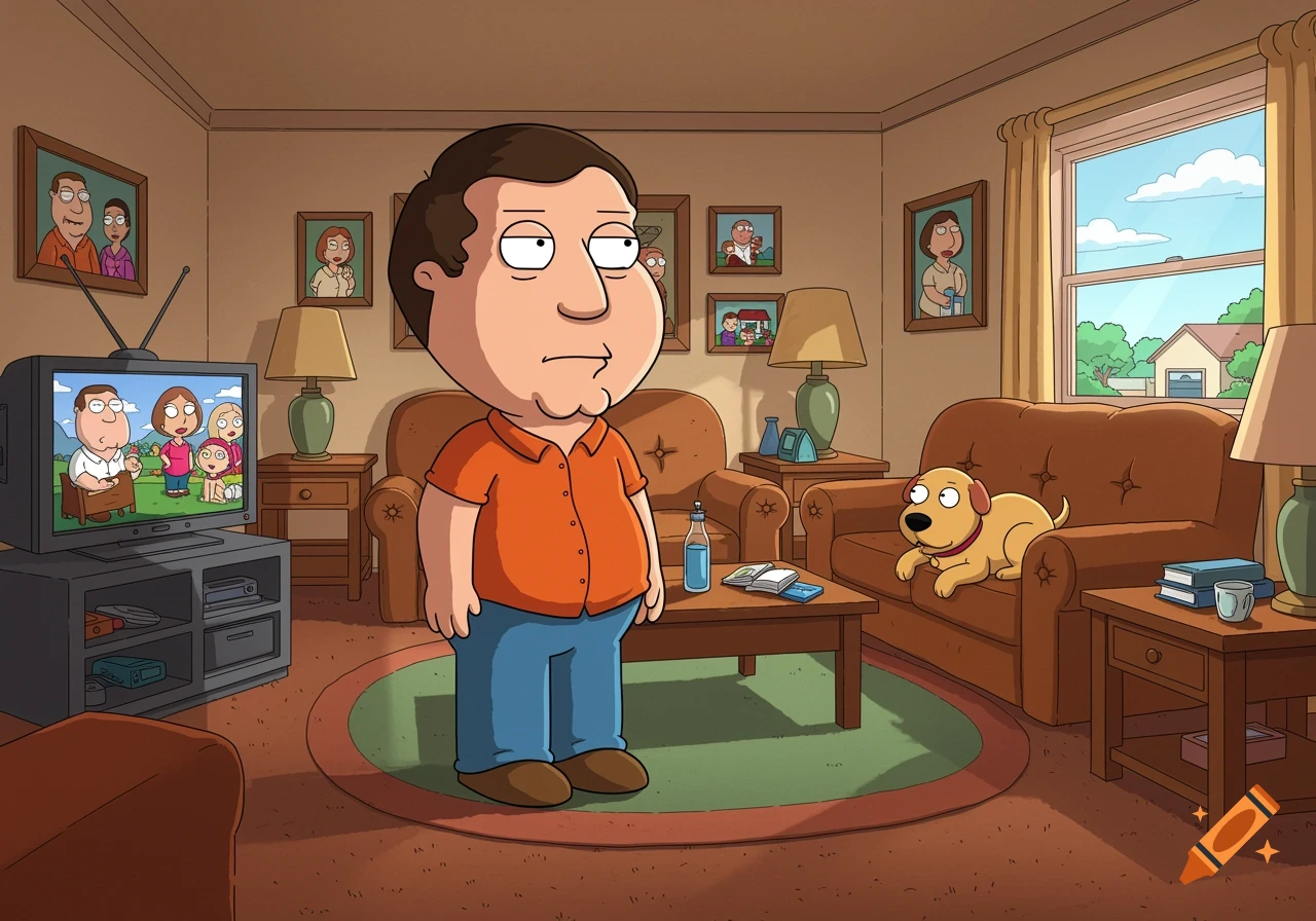A cartoon man in an orange shirt and blue pants stands in a living room. A TV shows a family, and a dog rests on a brown couch.