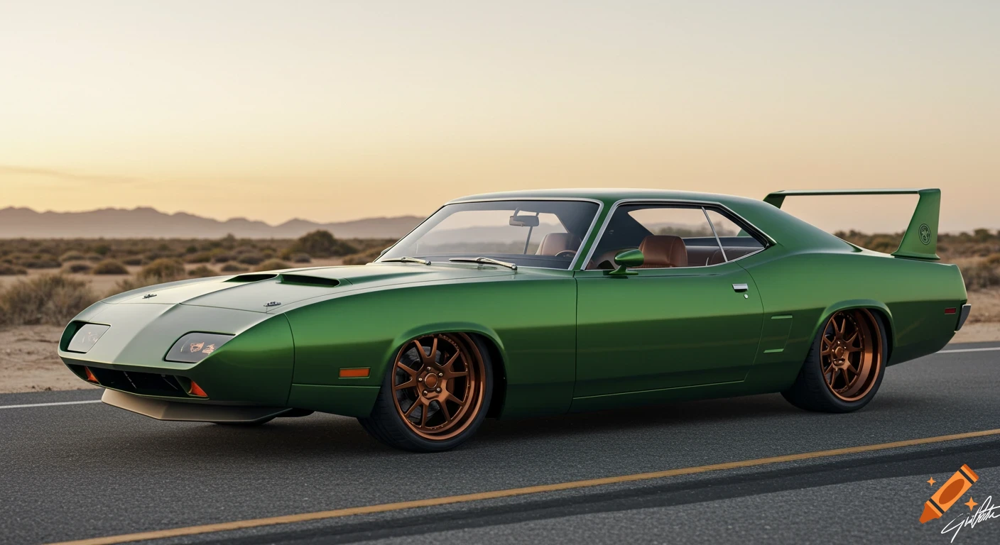 A photorealistic image of a vintage green muscle car with bronze wheels on a road in a desert landscape at sunset.