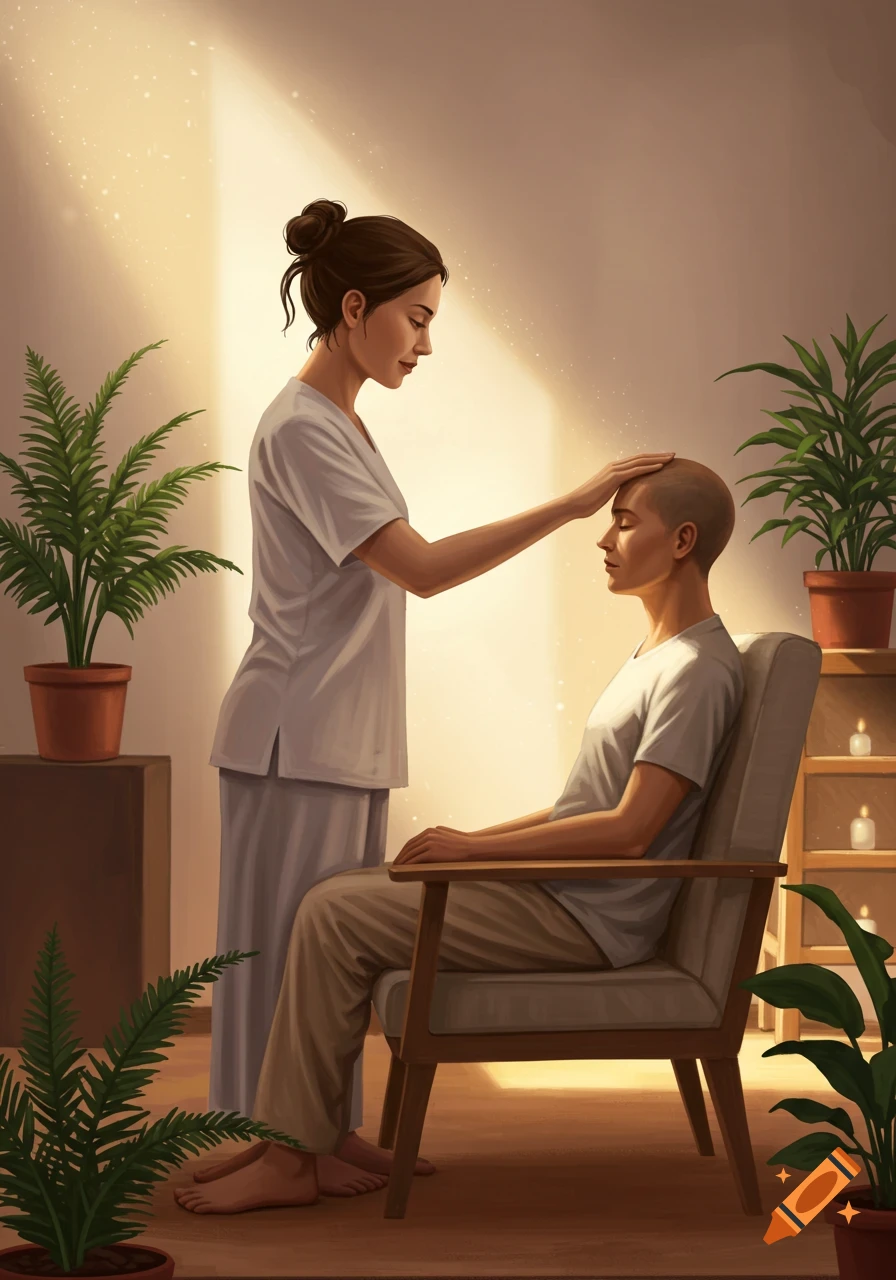 Illustration of a woman in light attire touching the head of a seated person with a shaved head in a serene, sunlit room.