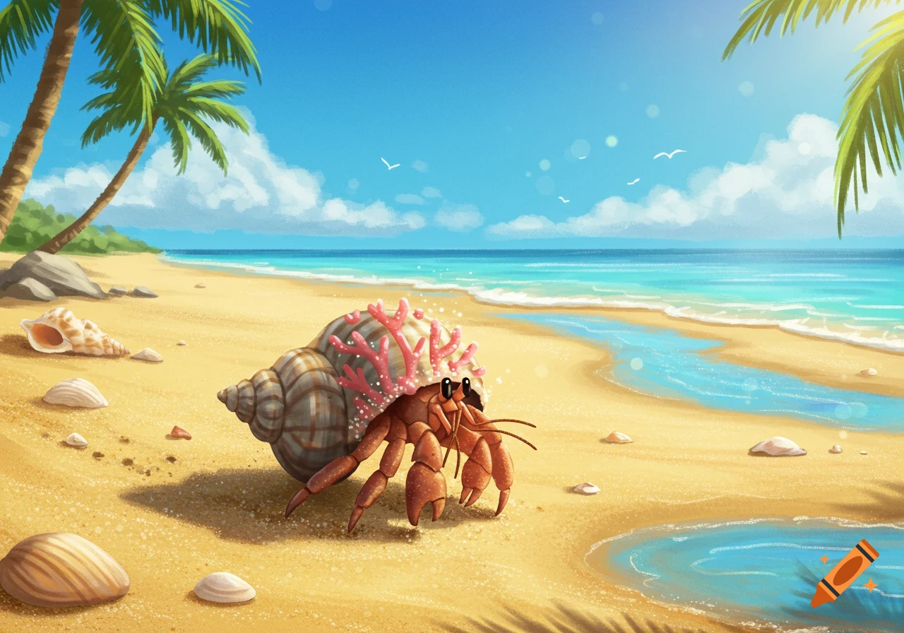 A charming cartoon hermit crab with a shell adorned with pink coral walks on a sunny beach.