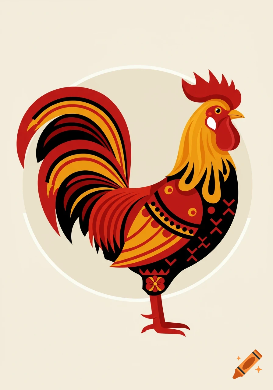 A colorful, stylized rooster with red, yellow, and black plumage, depicted in a folk art or clip art style against a light background.